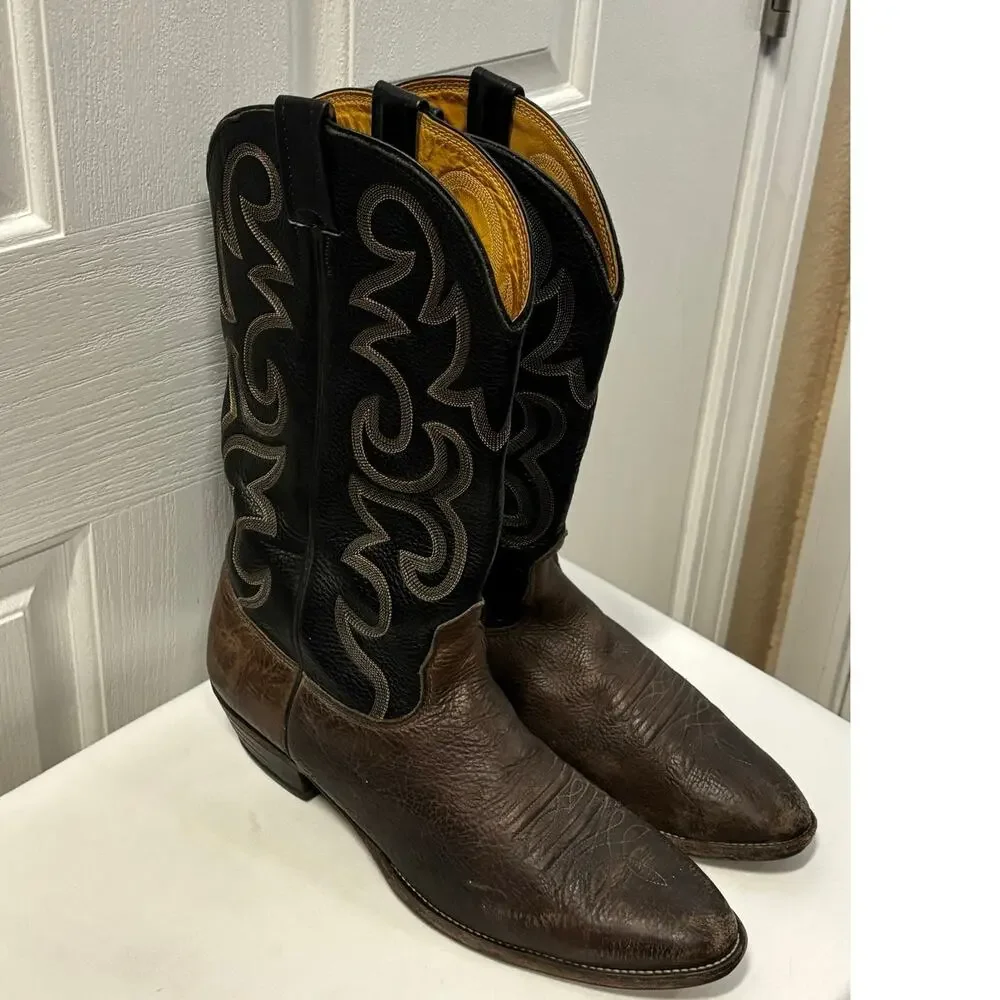 Vintage Nocona Cowboy Boots Men’s 11D USA Brown Black Leather Western Stitch